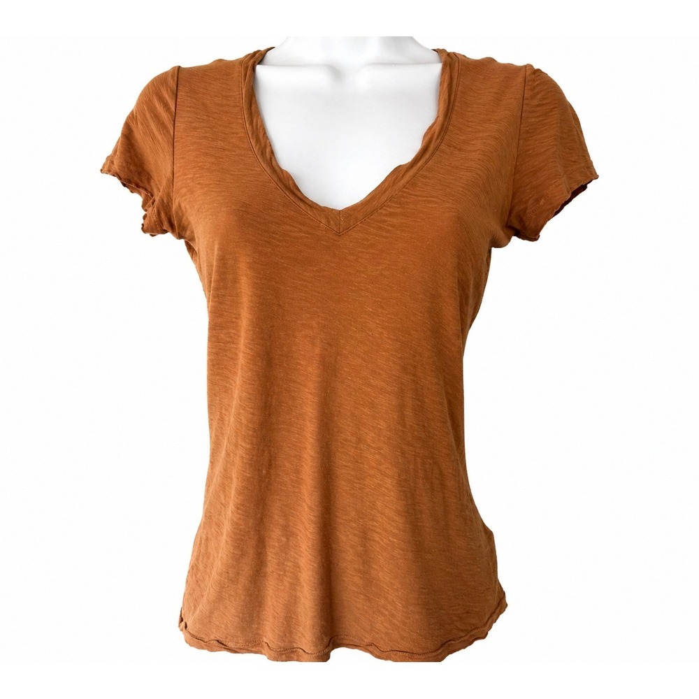 James Perse Slub Cotton Tee Size 0 Camel Brown V-Neck Short Sleeve USA Flaw